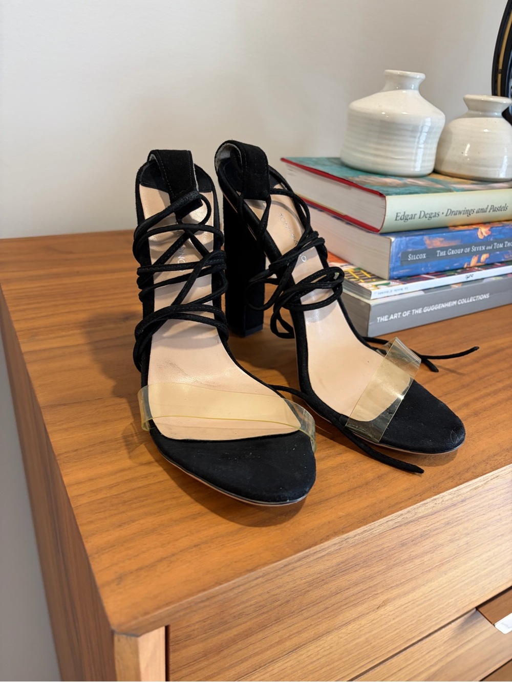 Tony Bianco Black Lace-Up Block Heel Sandals with Clear Toe Strap